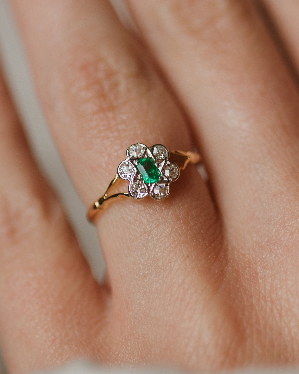 Eleanor Antique 14ct Gold Emerald & Diamond Cluster Ring