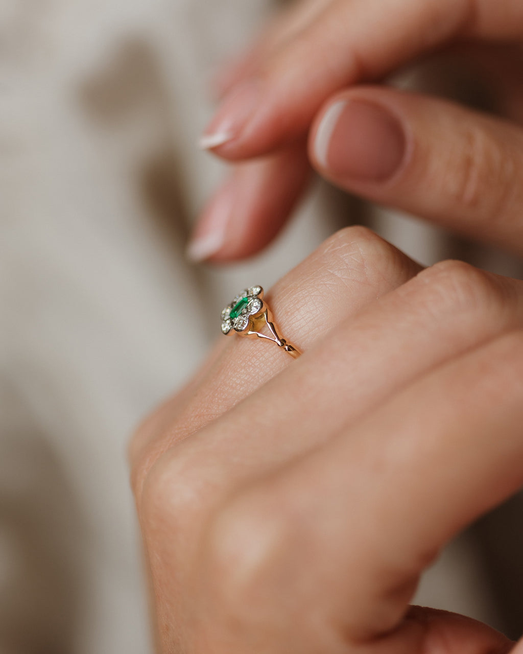 Eleanor Antique 14ct Gold Emerald & Diamond Cluster Ring