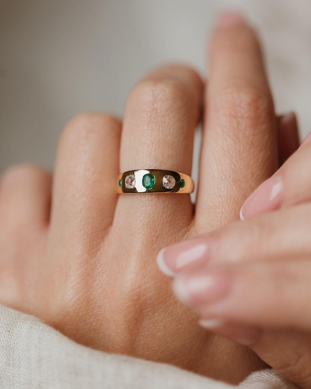 Marguerite Antique 18ct Gold Emerald & Diamond Five Stone Ring