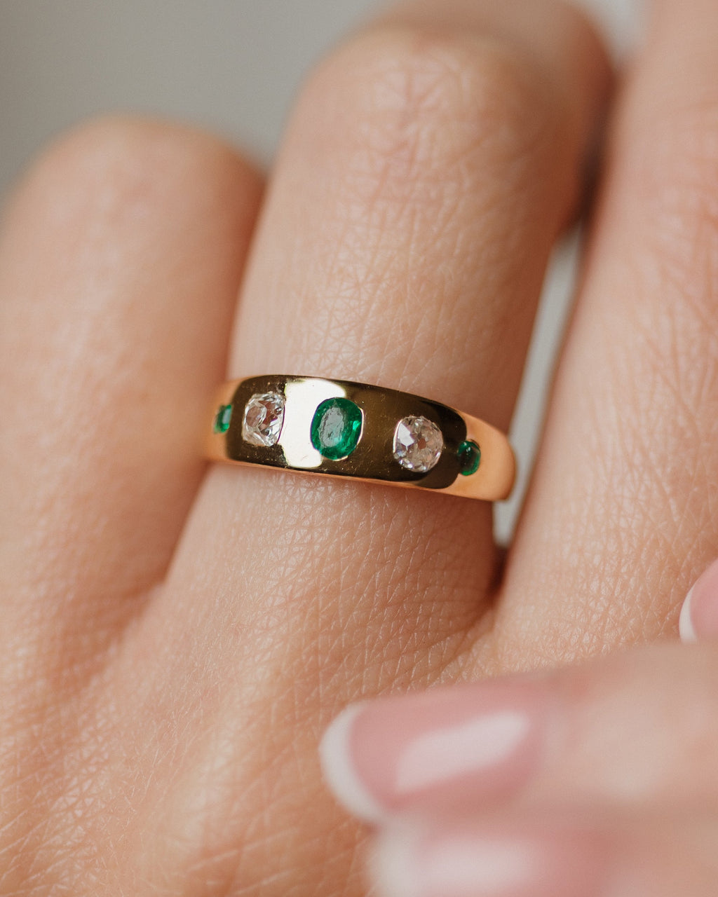 Marguerite Antique 18ct Gold Emerald & Diamond Five Stone Ring