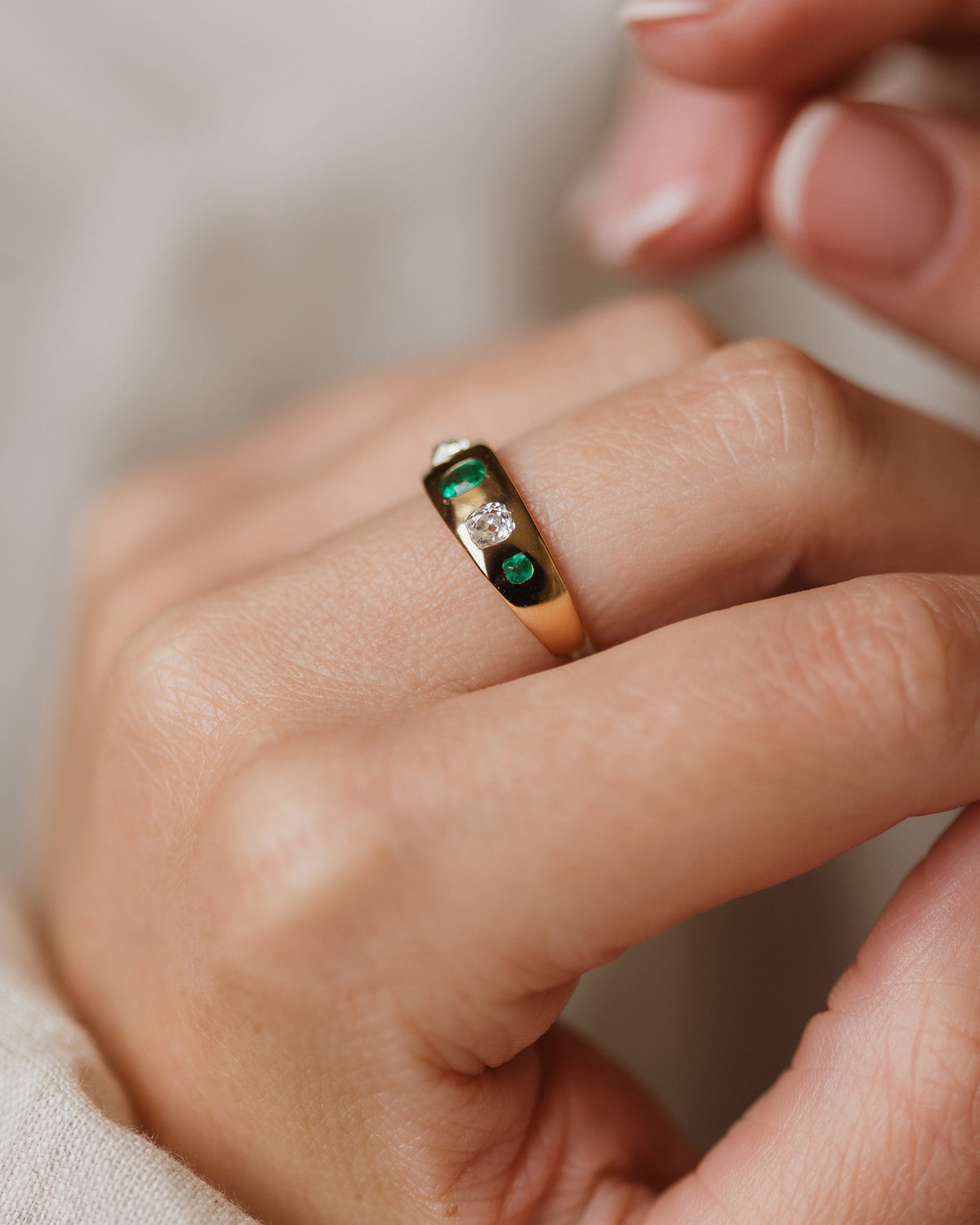 Marguerite Antique 18ct Gold Emerald & Diamond Five Stone Ring