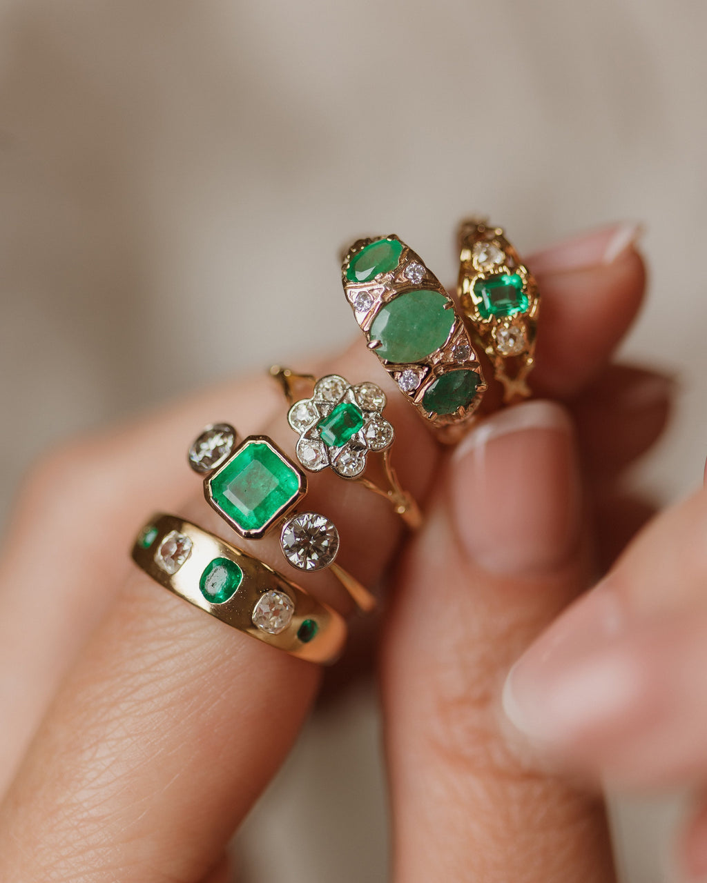 Marguerite Antique 18ct Gold Emerald & Diamond Five Stone Ring
