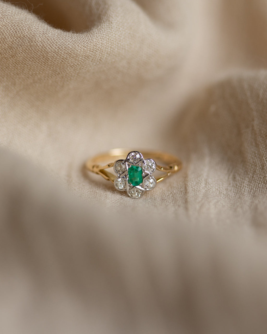 Eleanor Antique 14ct Gold Emerald & Diamond Cluster Ring