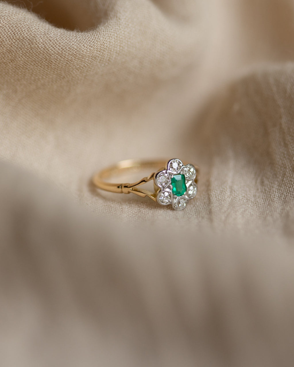 Eleanor Antique 14ct Gold Emerald & Diamond Cluster Ring