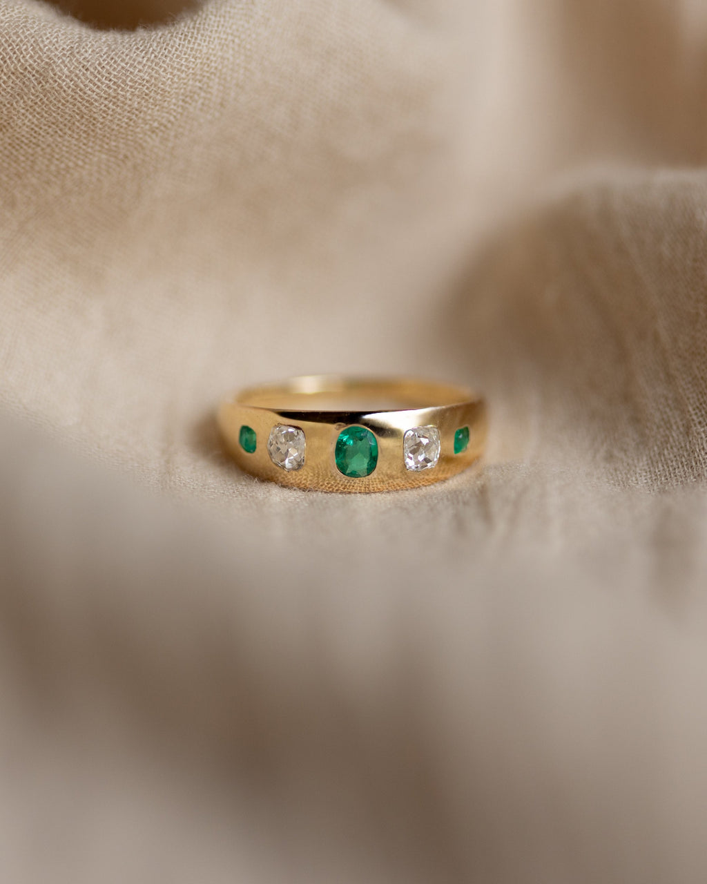 Marguerite Antique 18ct Gold Emerald & Diamond Five Stone Ring