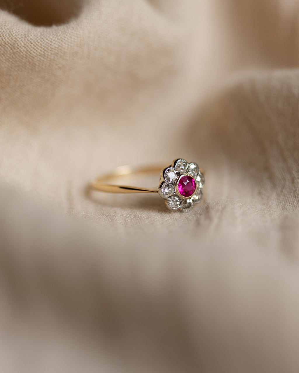 Elsie Antique 18ct Gold Ruby & Diamond Daisy Cluster Ring