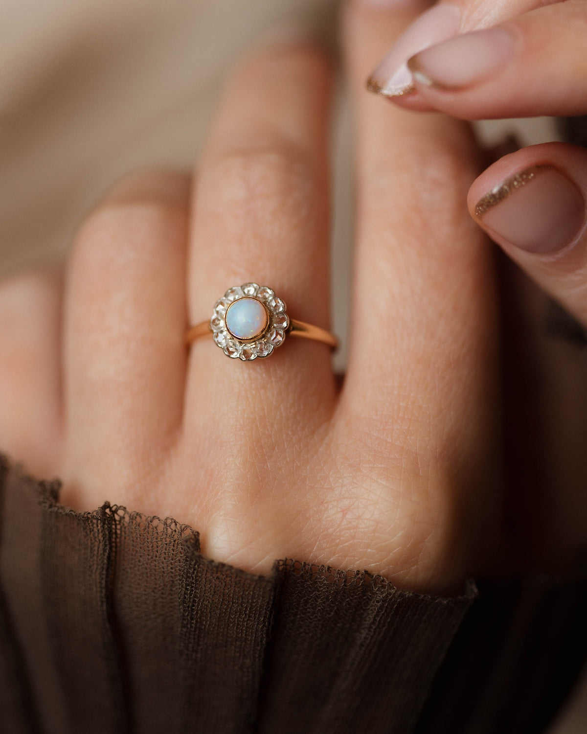 Berthe Antique 18ct Gold Opal & Diamond Cluster Ring
