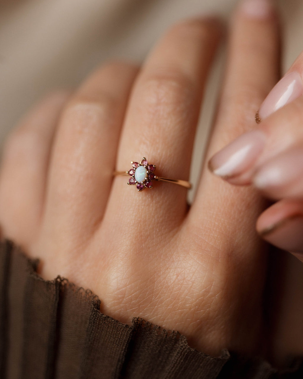 Sabina 1988 Vintage 9ct Gold Opal & Ruby Cluster Ring