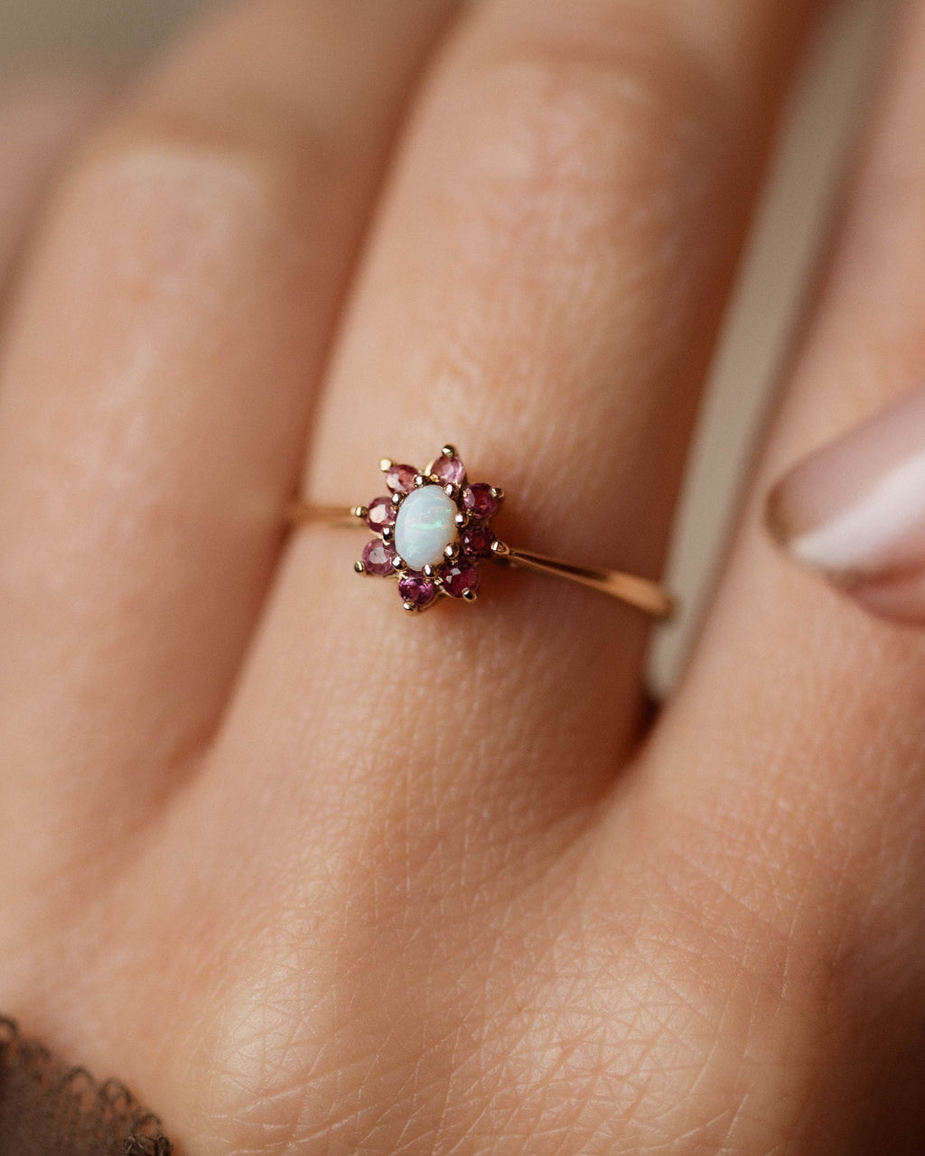 Sabina 1988 Vintage 9ct Gold Opal & Ruby Cluster Ring