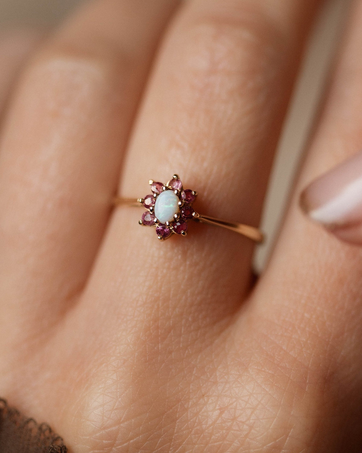 Sabina 1988 Vintage 9ct Gold Opal & Ruby Cluster Ring
