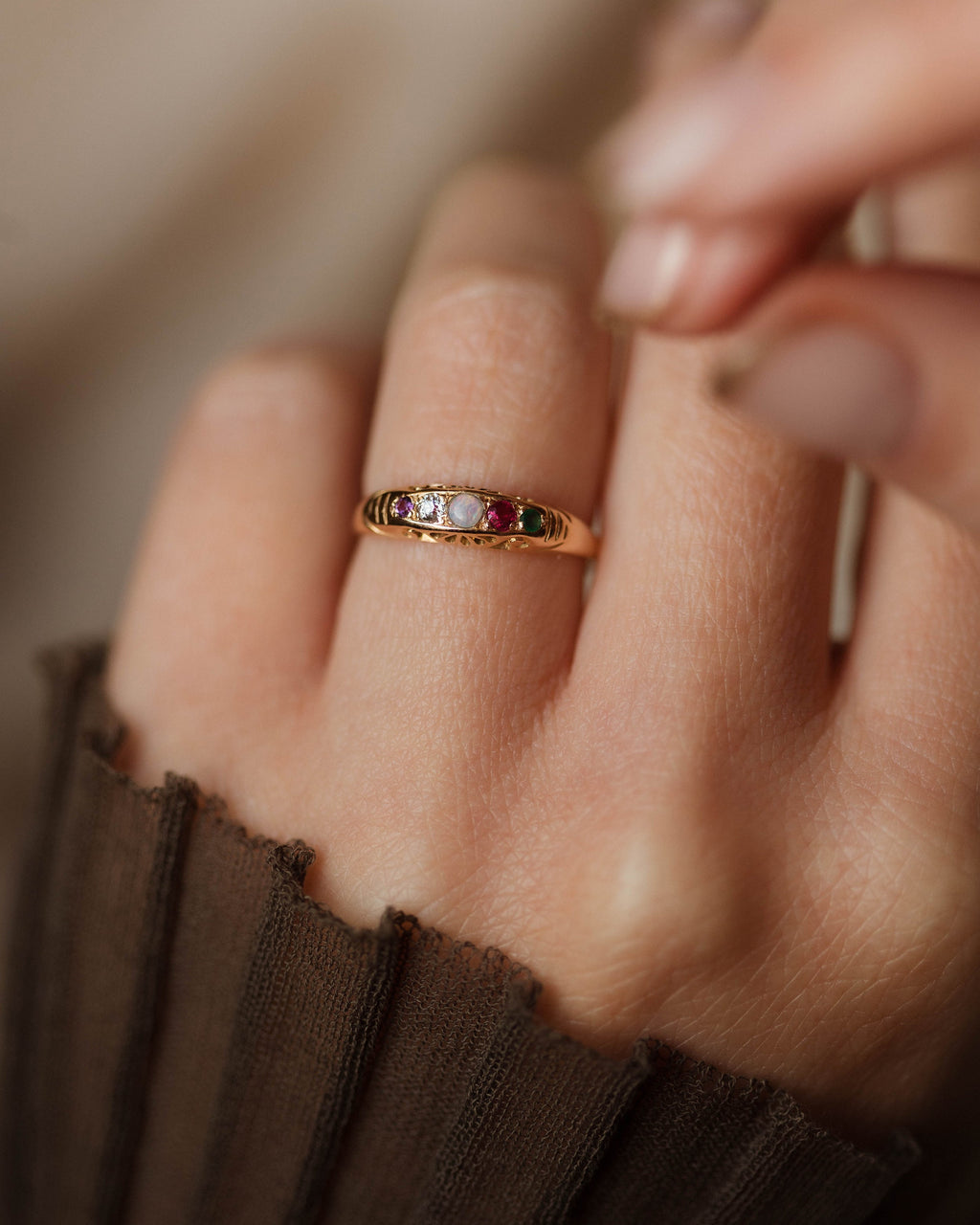 Olga Antique 18ct Gold Adore Acrostic Five Stone Ring