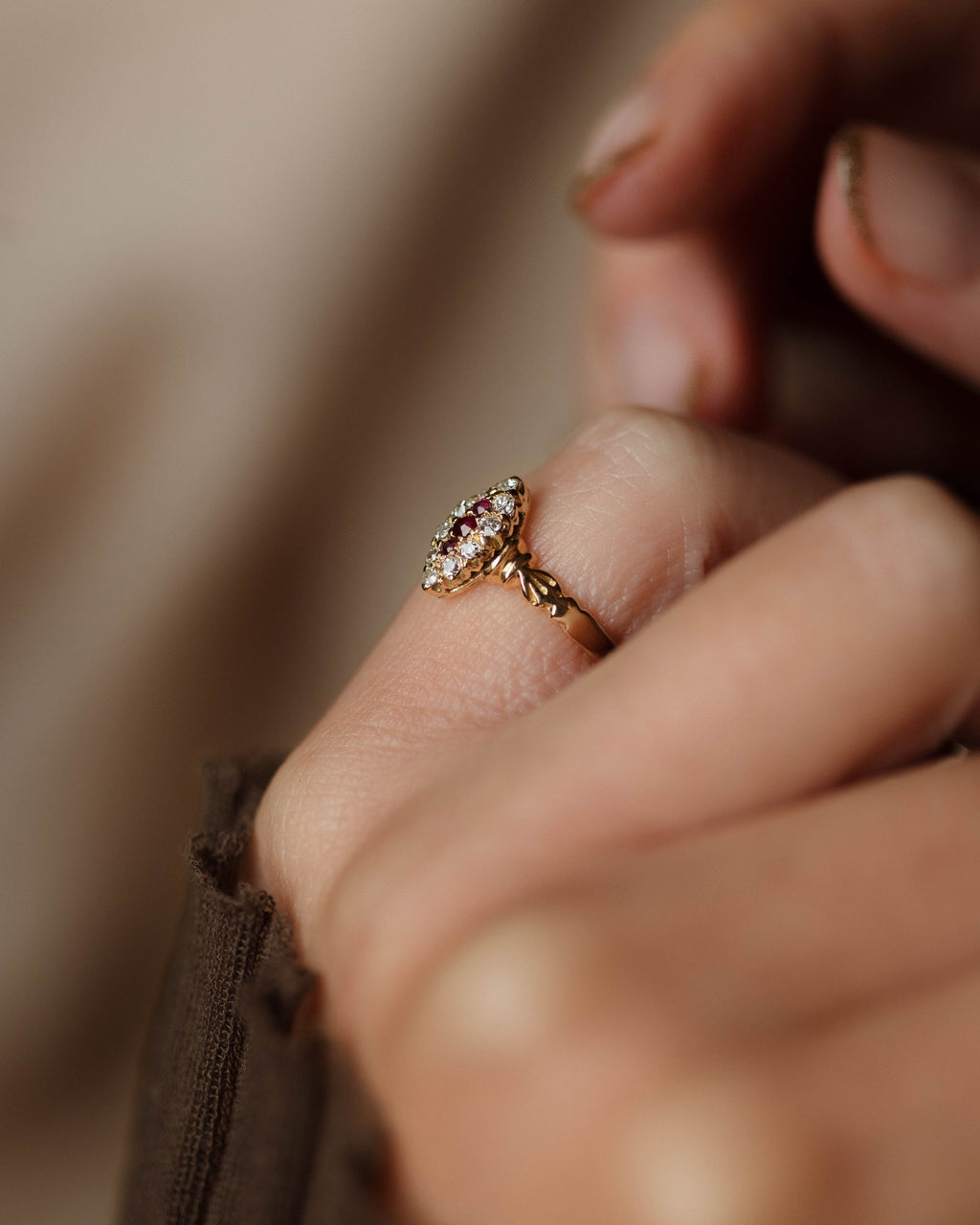 Iris Antique 18ct Gold Ruby & Diamond Marquise Cluster Ring