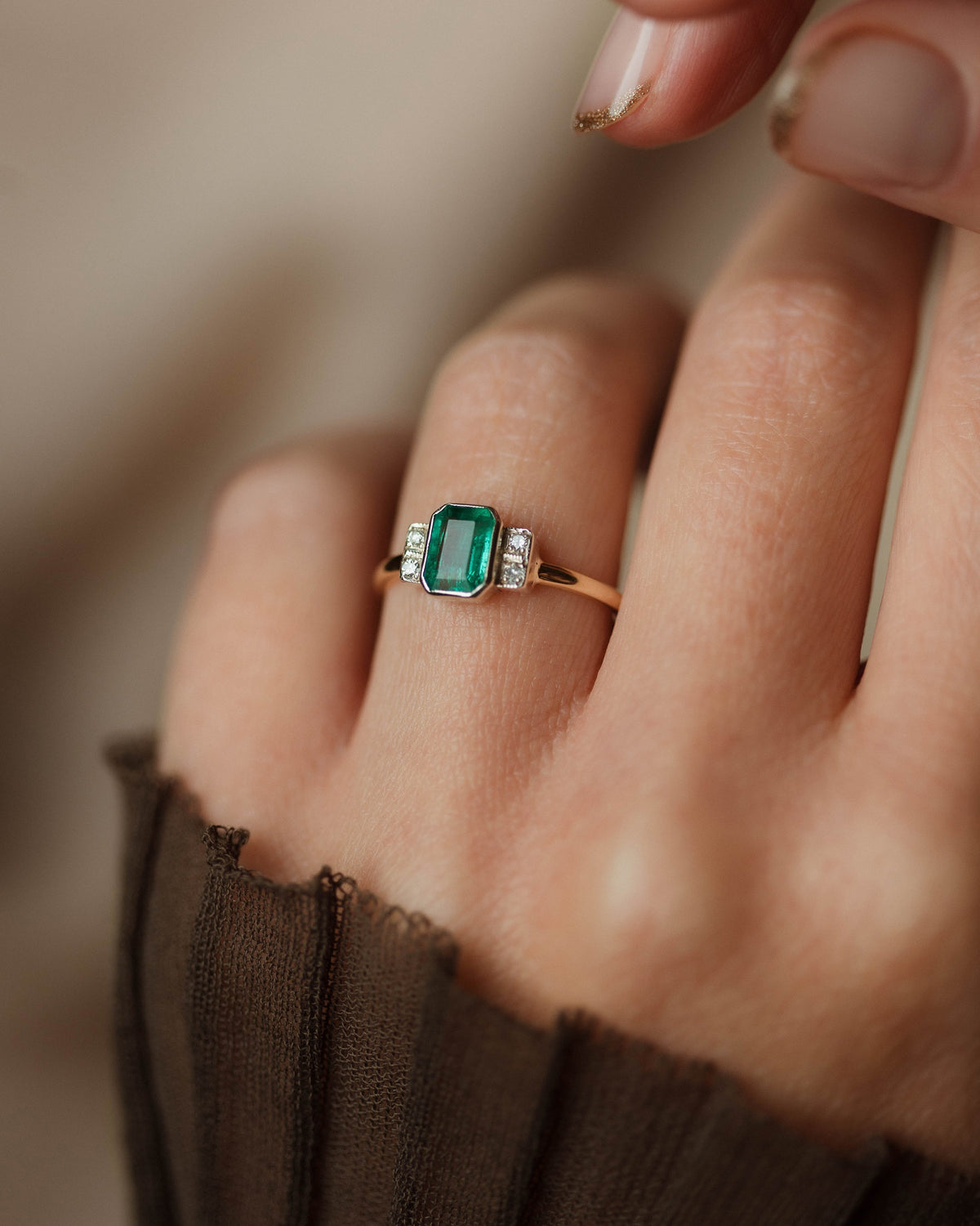 Frieda Antique Art Deco 9ct Gold Emerald & Diamond Five Stone Ring