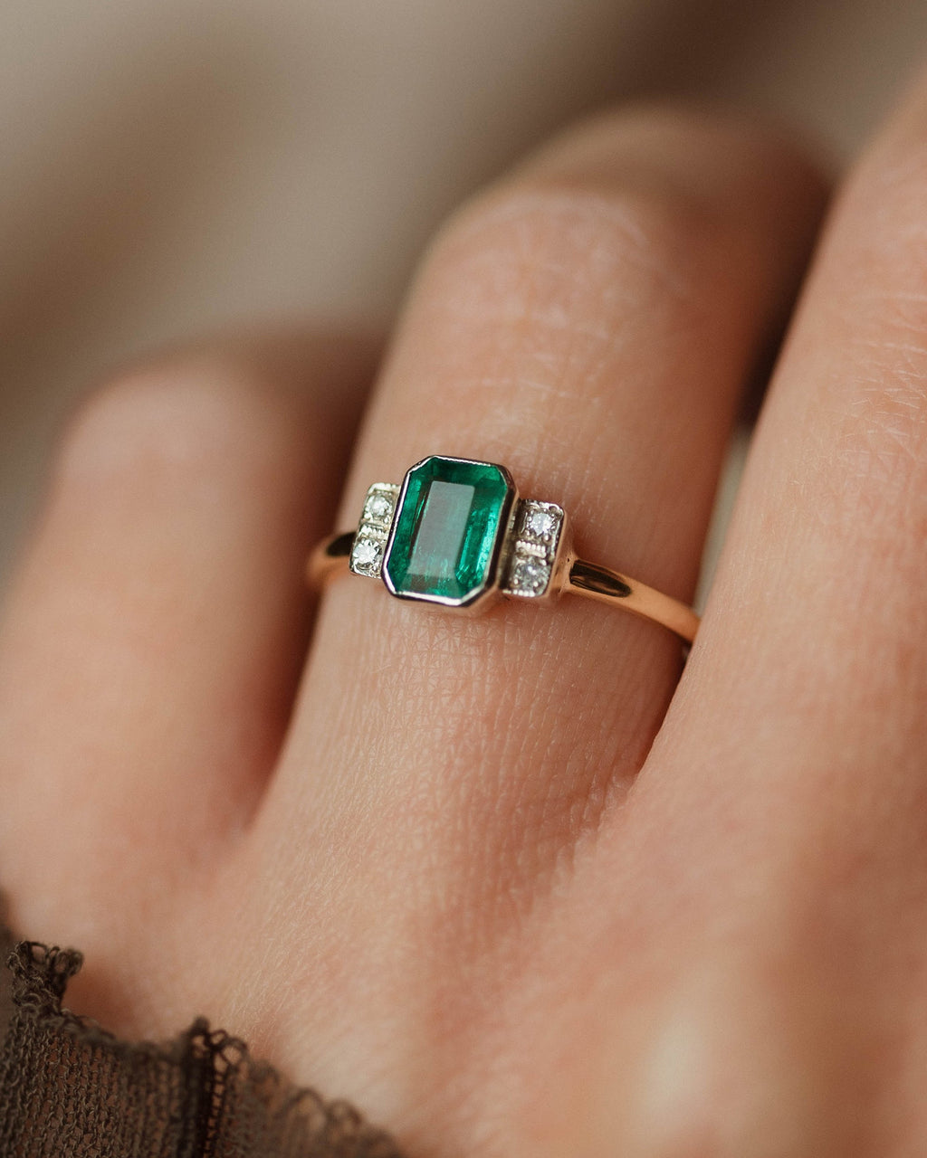 Frieda Antique Art Deco 9ct Gold Emerald & Diamond Five Stone Ring
