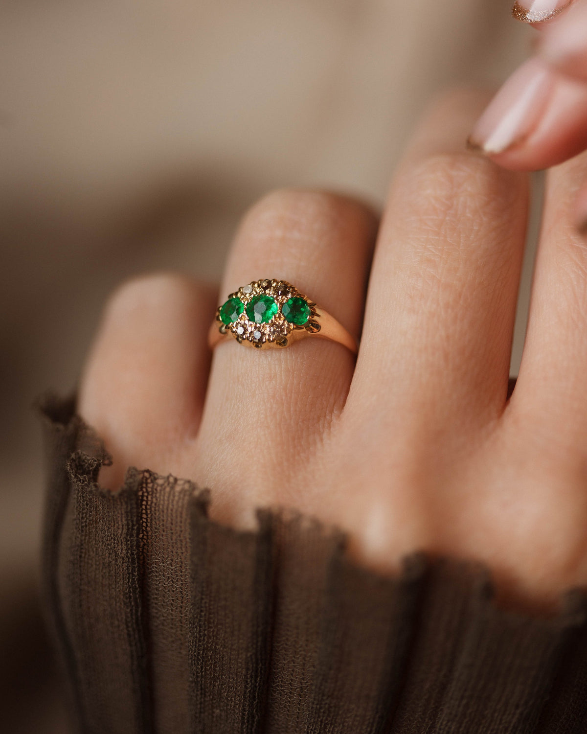 Antonia Antique 18ct Gold Emerald & Diamond Cluster Ring