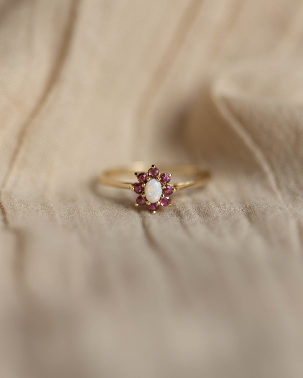 Sabina 1988 Vintage 9ct Gold Opal & Ruby Cluster Ring