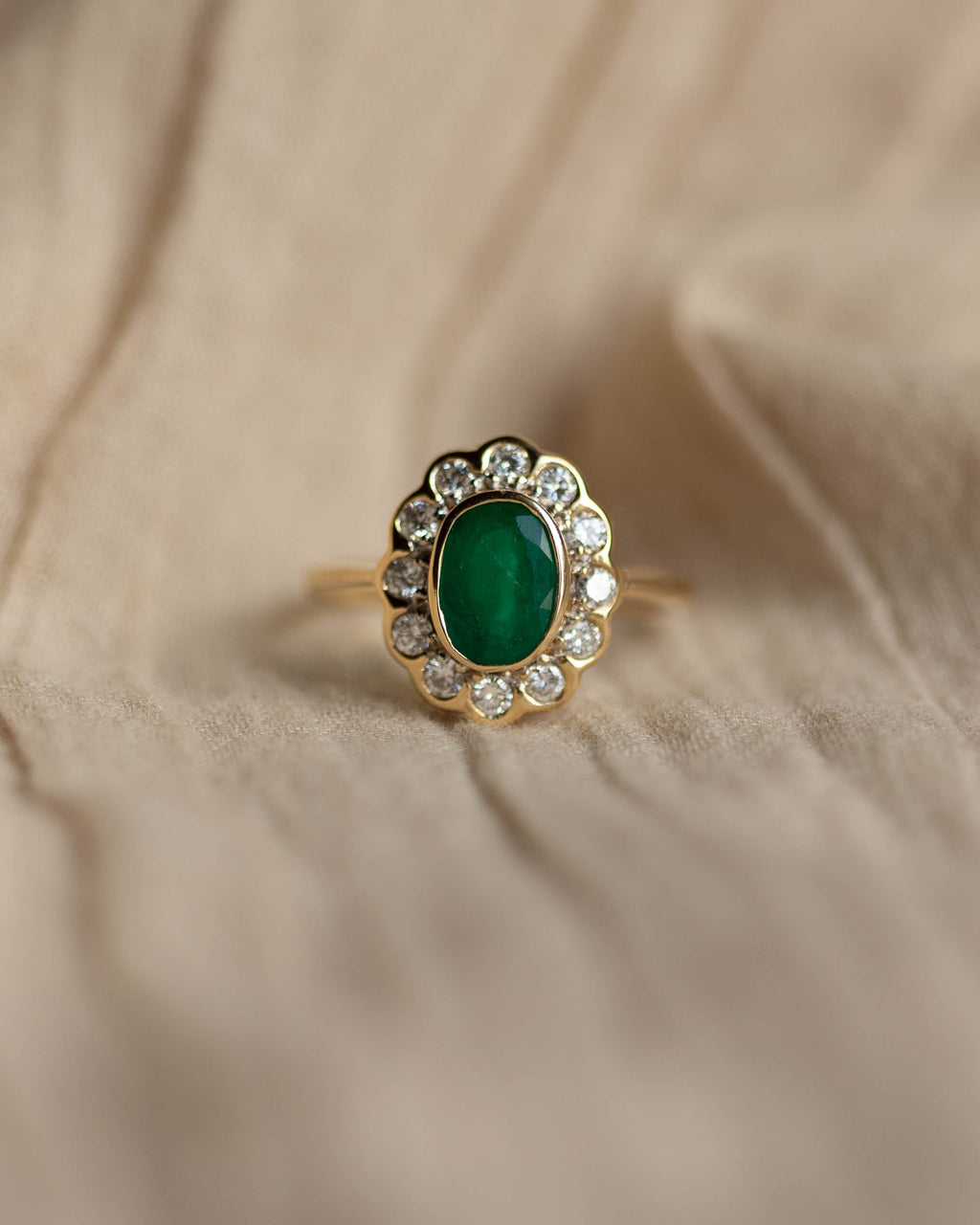 Norah Vintage 18ct Gold Emerald & Diamond Cluster Ring