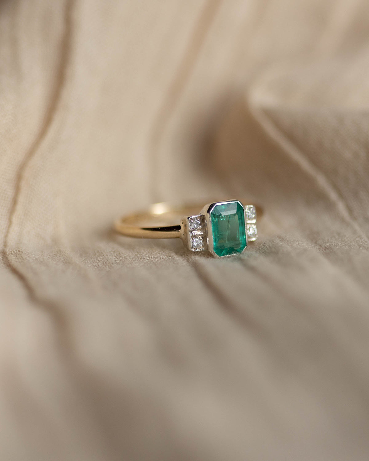Frieda Antique Art Deco 9ct Gold Emerald & Diamond Five Stone Ring